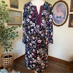crown & ivy Black Floral Long Sleeve Midi Dress with Pink & White Blooms